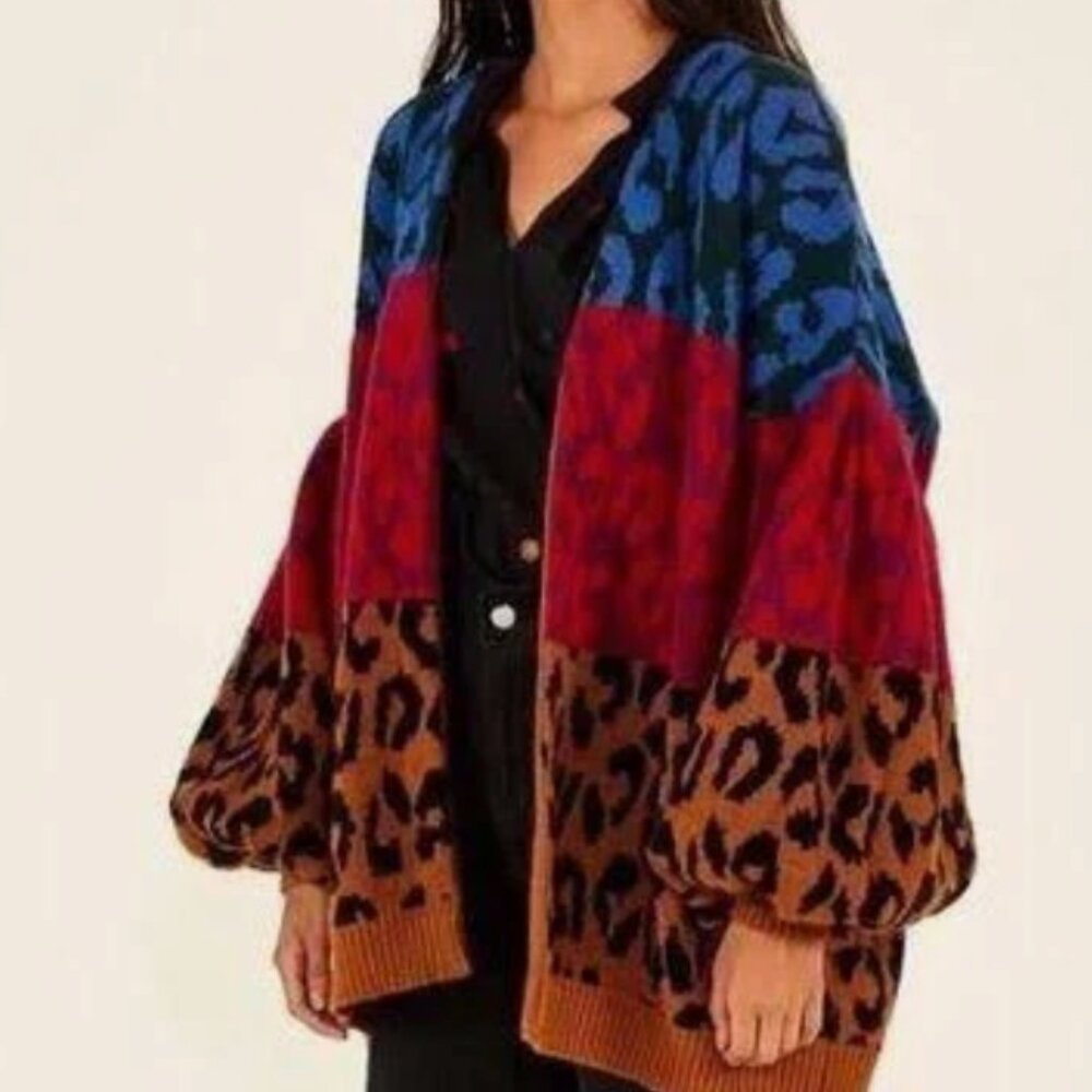 FARM RIO Mixed Print Ikat Dyed Leopard Print Balloon Sleeve Cardigan S $195 NWT - Picture 1 of 6
